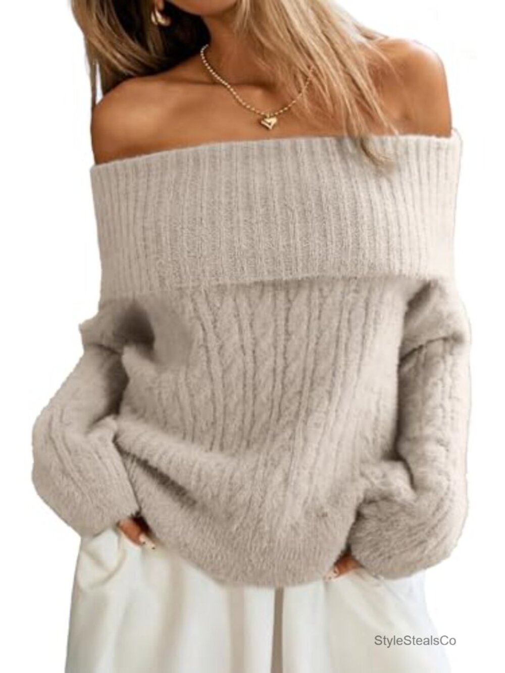 ELLEVEN Off Shoulder Cable Knit Sweater Soft Oversized Pullover